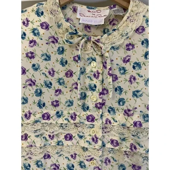 Miss O By Oscar De La Renta Floral 100% Silk Blouse Skirt Womens Size 10 Vintage